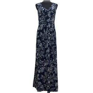 Chaps Sleeveless Maxi Dress Navy Blue Floral V-Neck Size XL Coastal Vacation